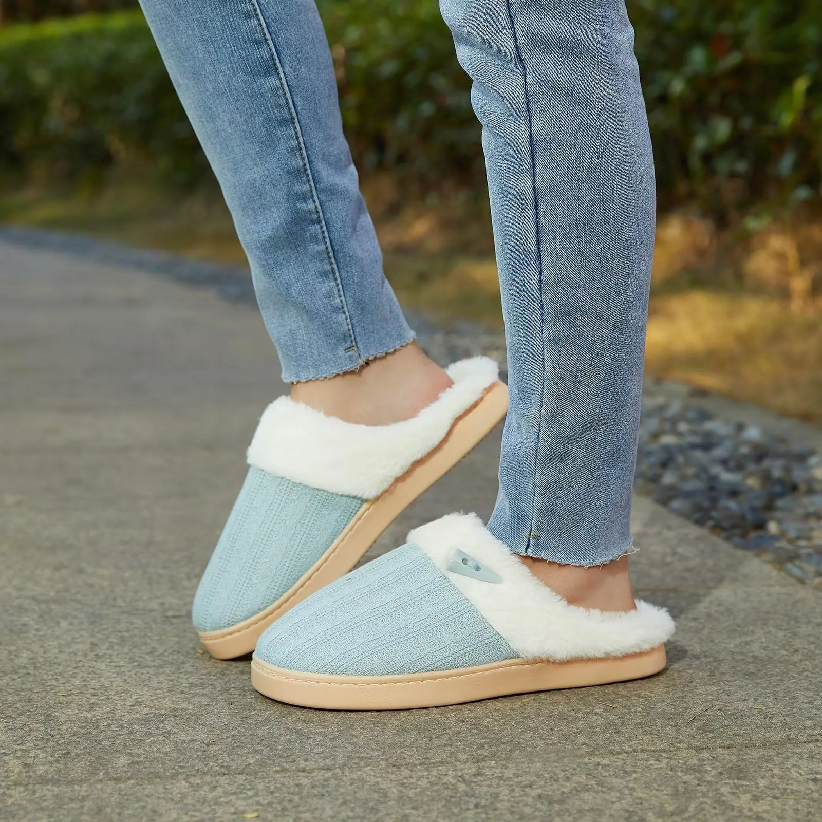 NineCiFun Women's Slip on Fuzzy Slippers Memory Foam House Slippers Outdoor Indoor Warm Plush Fur Lining size 7 8 light blue