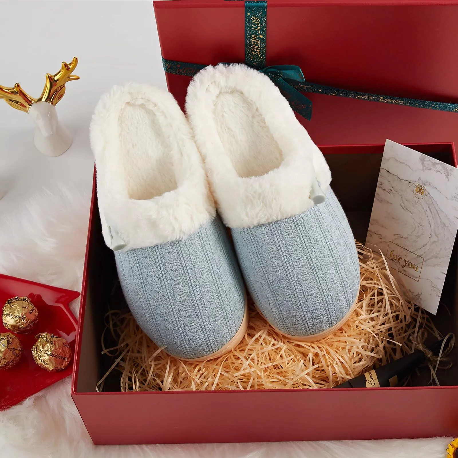 NineCiFun Women's Slip on Fuzzy Slippers Memory Foam House Slippers Outdoor Indoor Warm Plush Fur Lining size 7 8 light blue