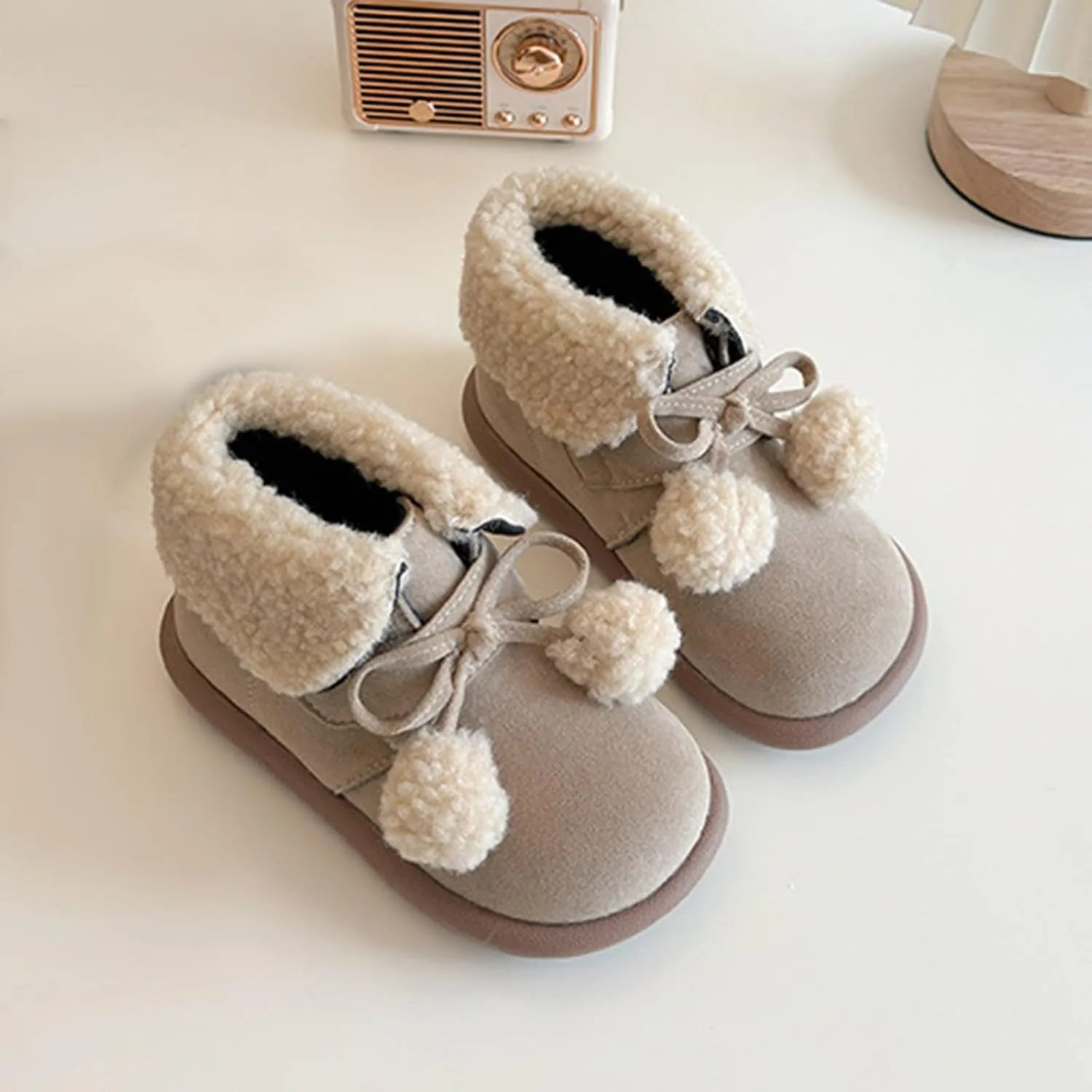 Pom-Pom alls Fleece Ankle Boots for Kids Girls Toddler Winter Thick Flat Soft Plush Comfortable Boots for Little Girls