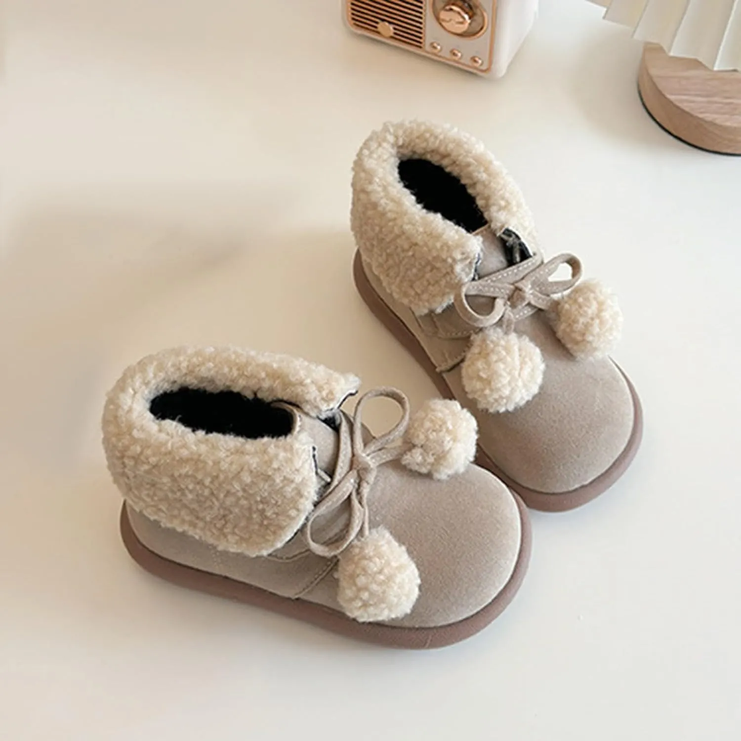 Pom-Pom alls Fleece Ankle Boots for Kids Girls Toddler Winter Thick Flat Soft Plush Comfortable Boots for Little Girls
