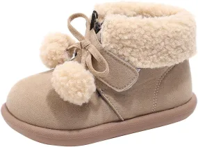 Pom-Pom alls Fleece Ankle Boots for Kids Girls Toddler Winter Thick Flat Soft Plush Comfortable Boots for Little Girls