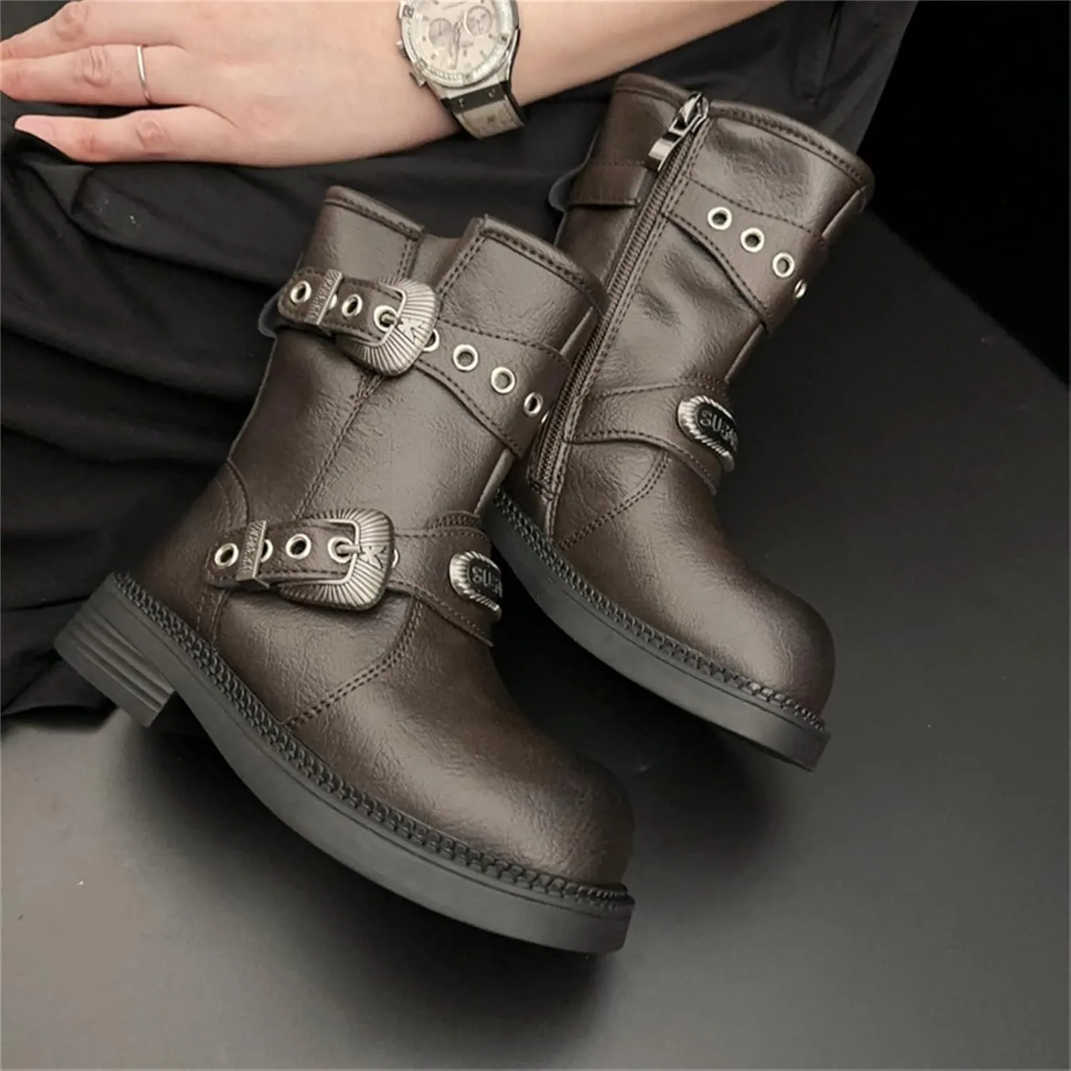 Retro Mid Calf Boots for Girls Big Kids Cowboy Shoes Classic Low Heel Buckles Biker Riding Booties with Zipper