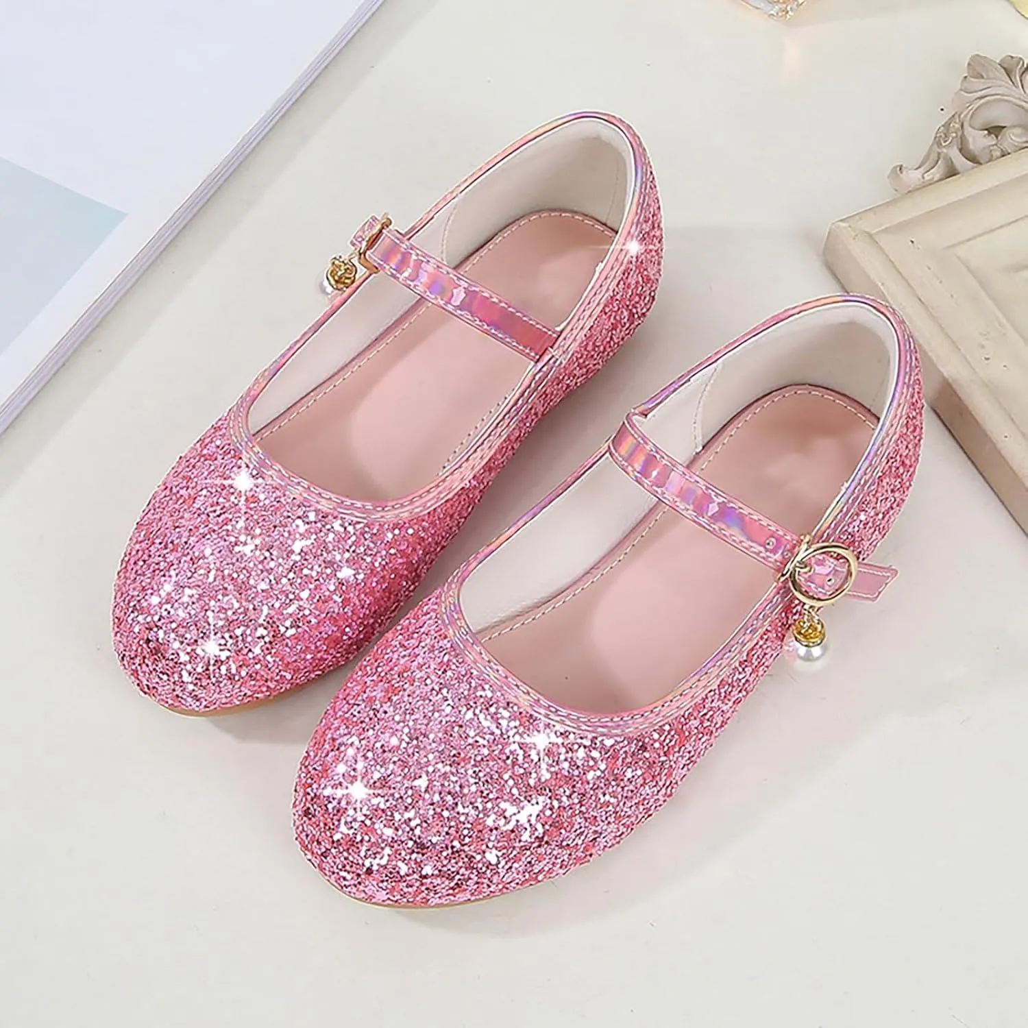 Sequins Ankle Sandals for Toddler Girls Pearl Strap Glitter Closed Toe Loafers Dance Shoes Fancy Pageant Shoes