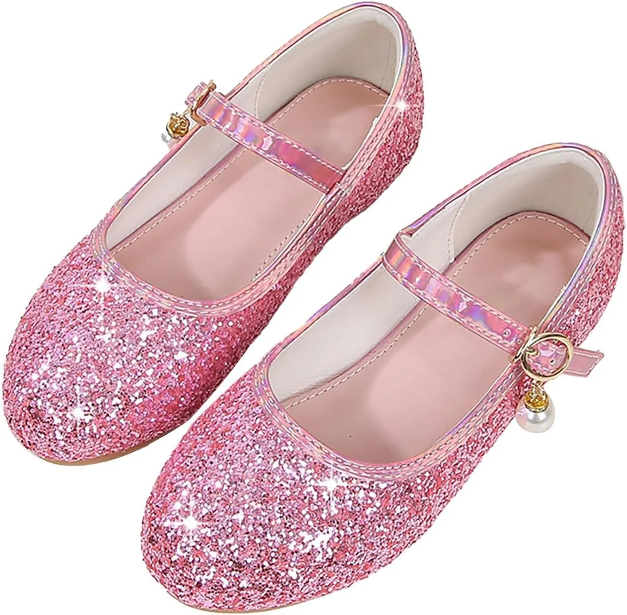 Sequins Ankle Sandals for Toddler Girls Pearl Strap Glitter Closed Toe Loafers Dance Shoes Fancy Pageant Shoes