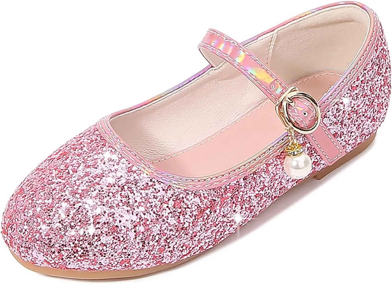 Sequins Ankle Sandals for Toddler Girls Pearl Strap Glitter Closed Toe Loafers Dance Shoes Fancy Pageant Shoes