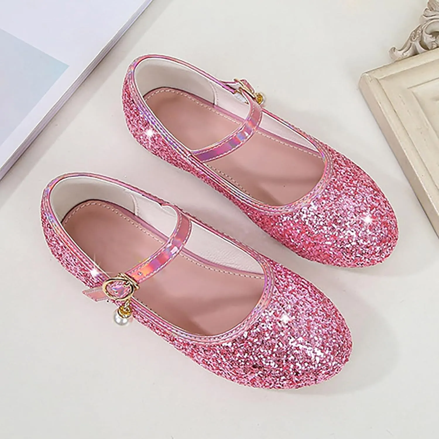 Sequins Ankle Sandals for Toddler Girls Pearl Strap Glitter Closed Toe Loafers Dance Shoes Fancy Pageant Shoes