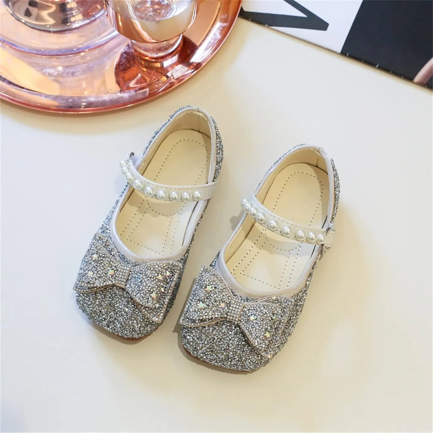 Sequins Sandals For Little Girls Toddler Kids Bow Pearl 𝗟ow Heels Shoes Summer Casual Dress Dance Shoes Glitter Loafers