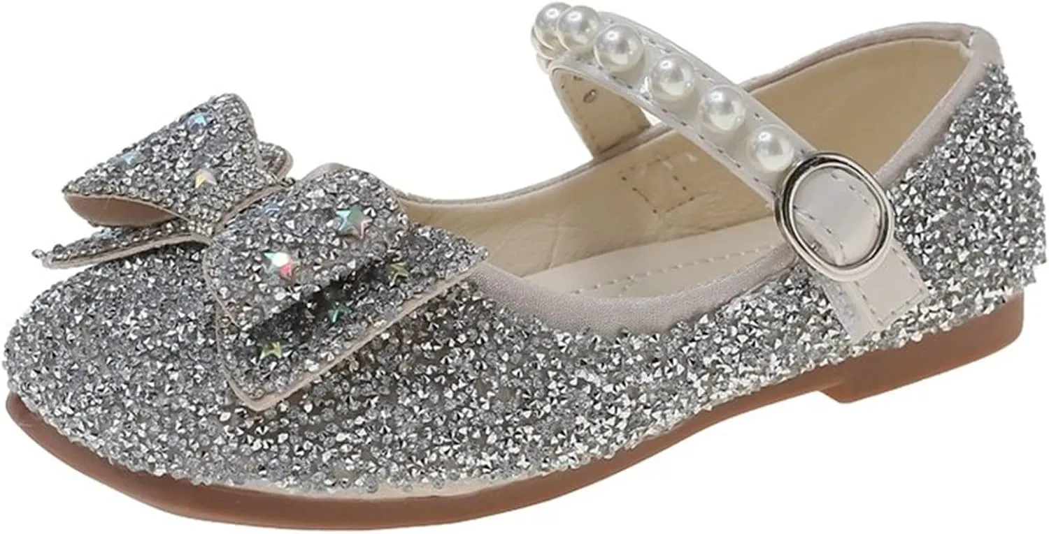 Sequins Sandals For Little Girls Toddler Kids Bow Pearl 𝗟ow Heels Shoes Summer Casual Dress Dance Shoes Glitter Loafers