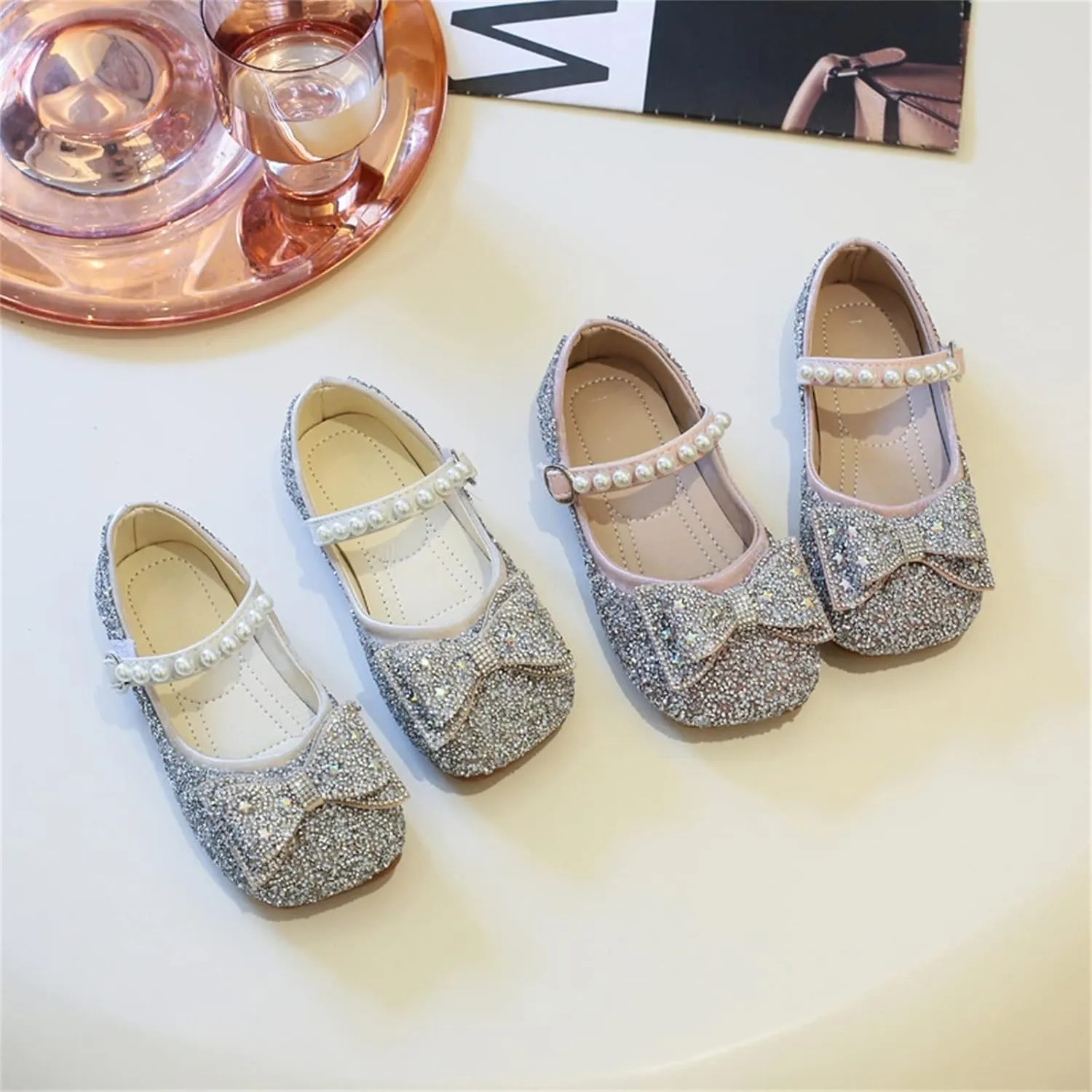 Sequins Sandals For Little Girls Toddler Kids Bow Pearl 𝗟ow Heels Shoes Summer Casual Dress Dance Shoes Glitter Loafers