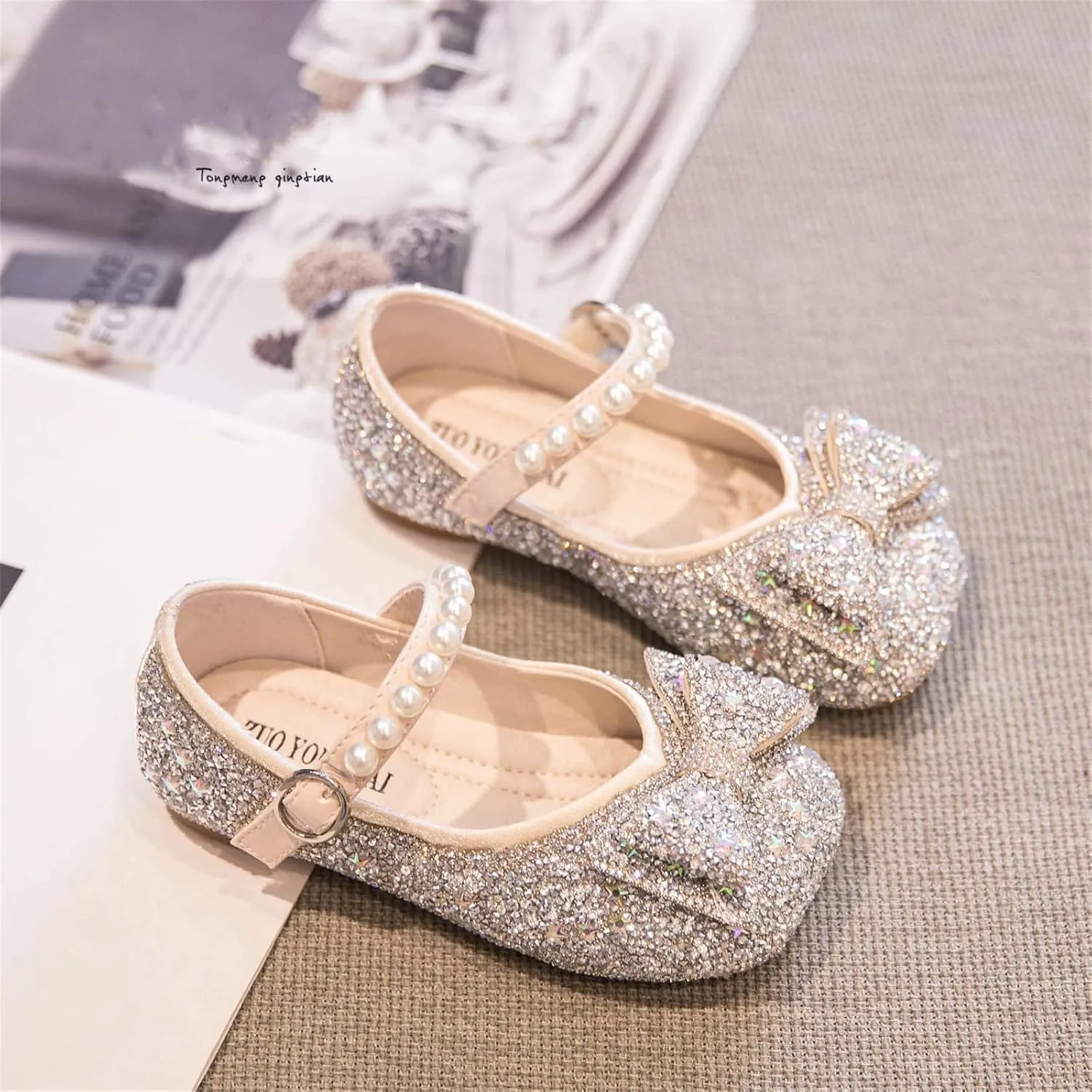 Sequins Sandals For Little Girls Toddler Kids Bow Pearl 𝗟ow Heels Shoes Summer Casual Dress Dance Shoes Glitter Loafers