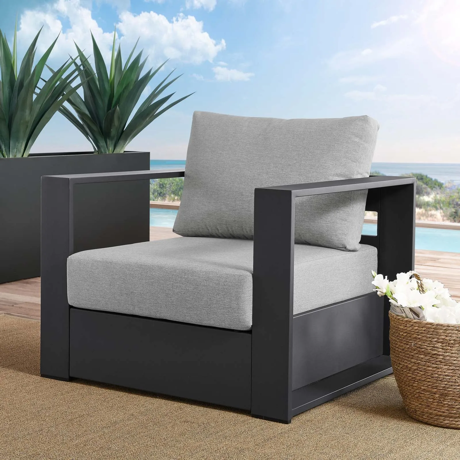 Tahoe Outdoor Patio Powder-Coated Aluminum Armchair Gray Gray EEI-5675-GRY-GRY