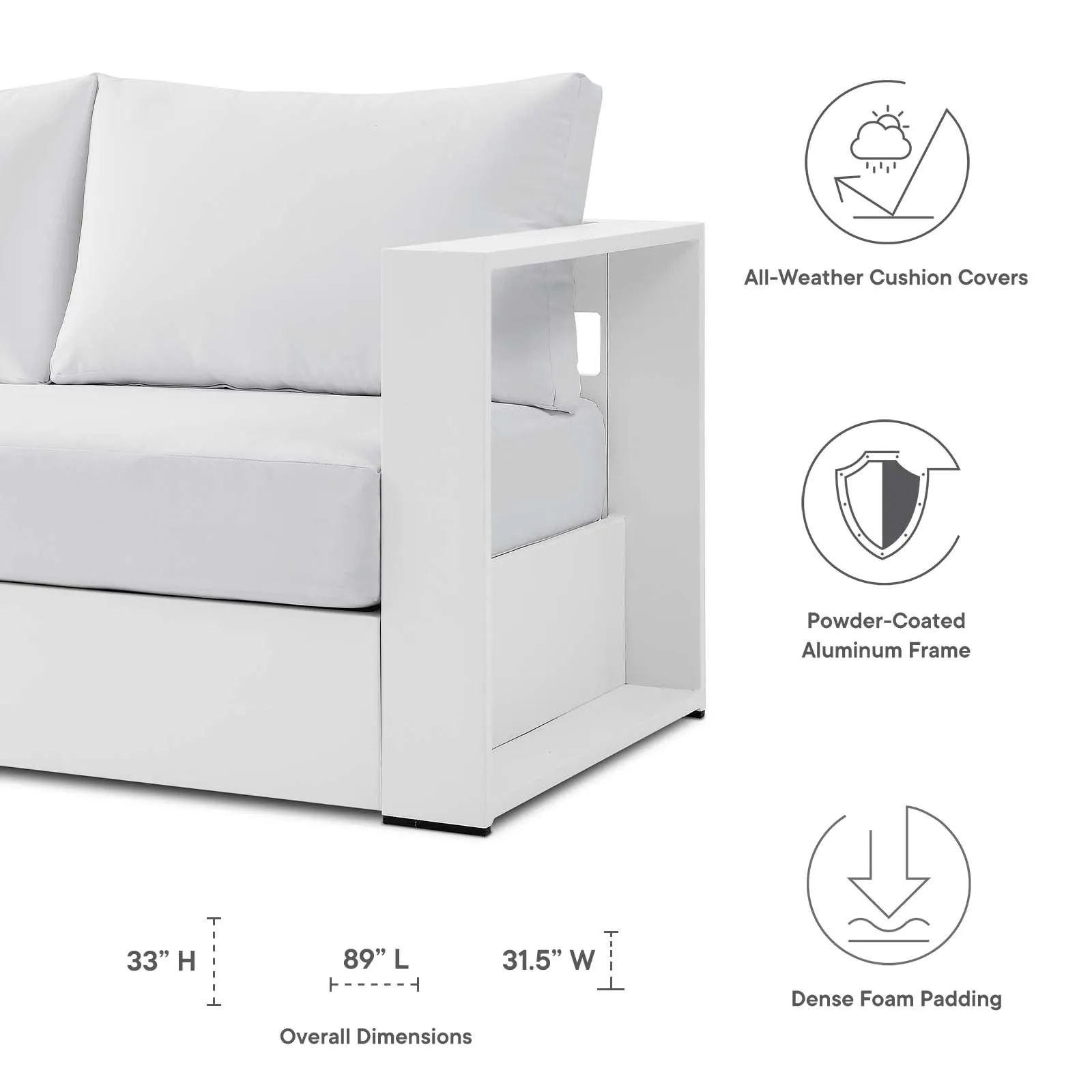 Tahoe Outdoor Patio Powder-Coated Aluminum Sofa White White EEI-5676-WHI-WHI