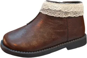 Toddler Kids Girls Solid Leather Ankle Boots with Lace Hem Platform Anti Slip Side Zipper Little Girl Boots Size 12