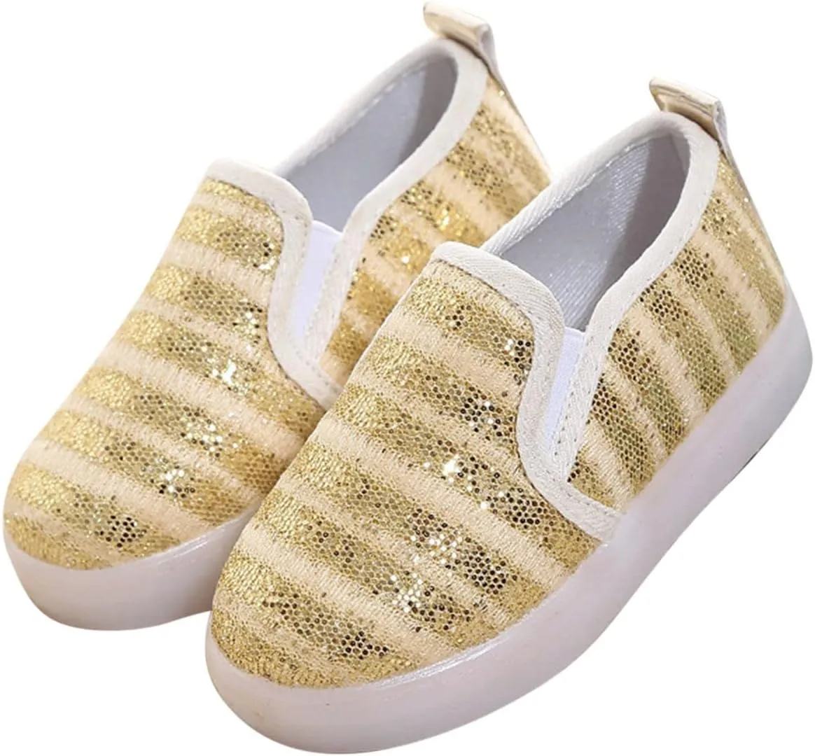 Toddler Light Up Shoes Kids Slip On Canvas Sneakers Walking Shoes Dress Glitter Sequins Shoes for Girls Loafers